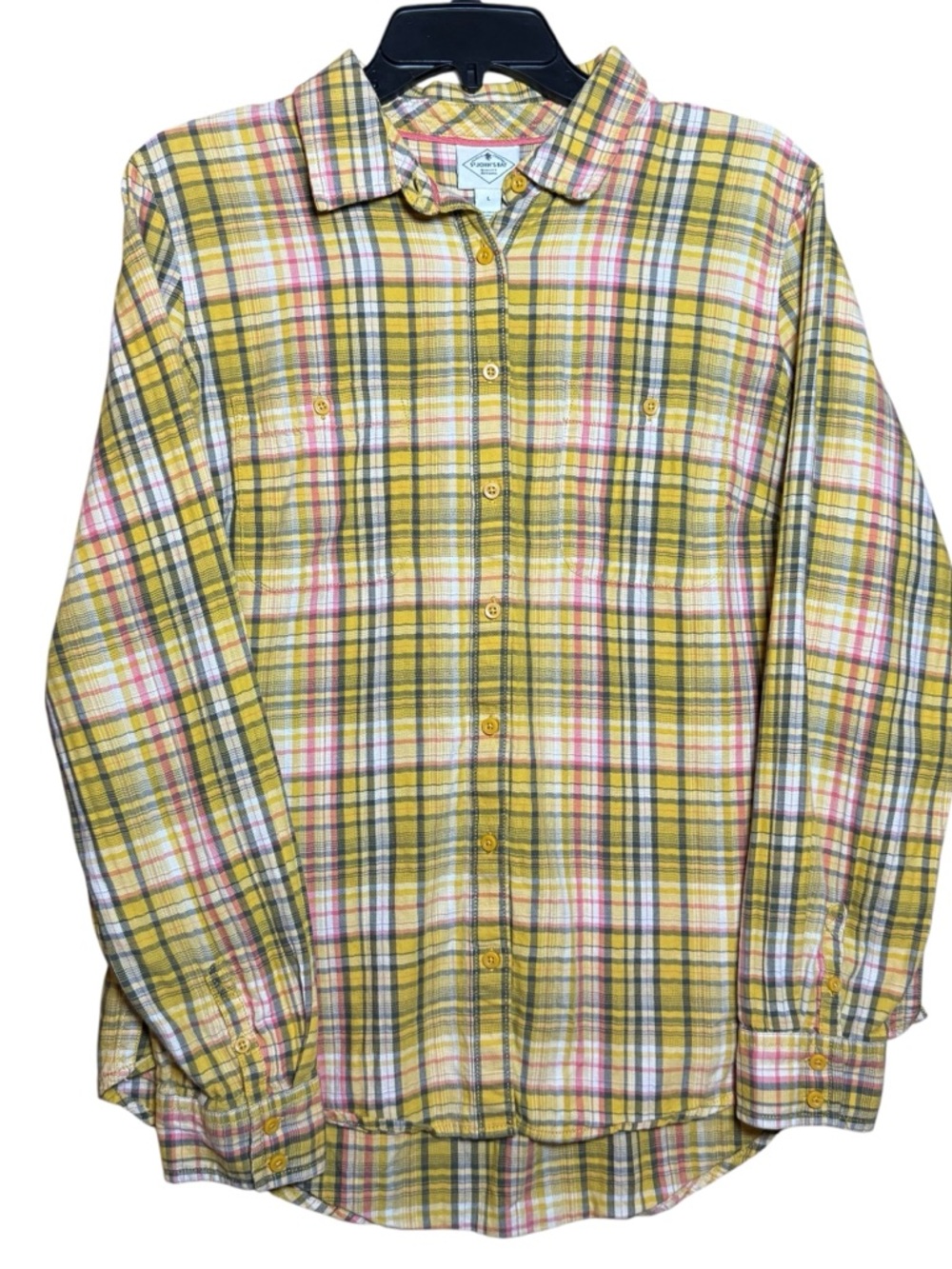 100% Cotton Yellow Plaid Flannel Long Sleeve Button-Up Cotton Shirt Y2K Vibe- L